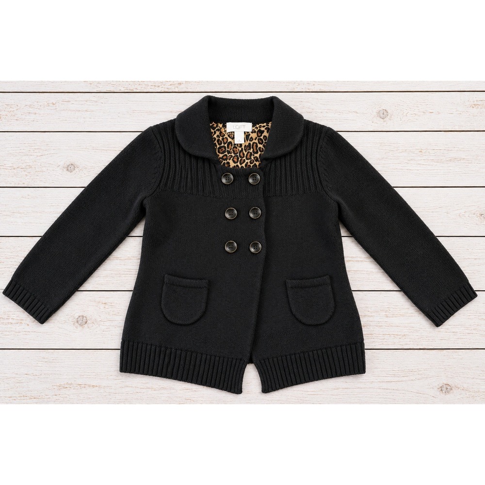 Ann Taylor LOFT Black Wool Blend Double Breasted Cardigan Leopard Lining XS